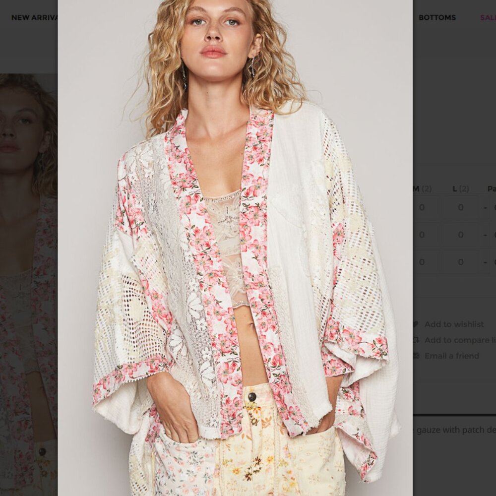 POL Oversized Pink and White Floral Lace Double Gauze Kimono Cardigan